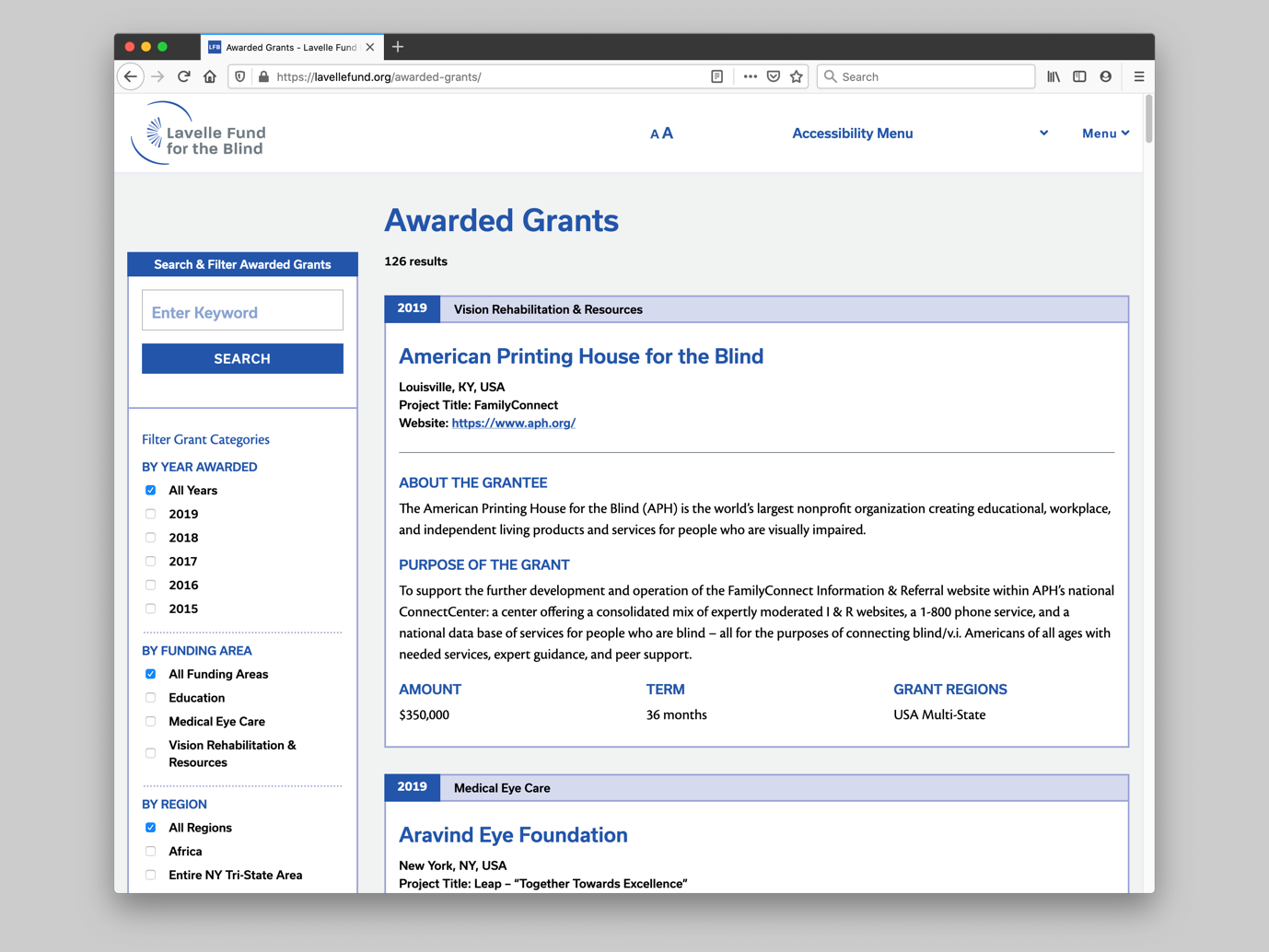 Awarded grants screen with cards of grants and filter menu on left.
